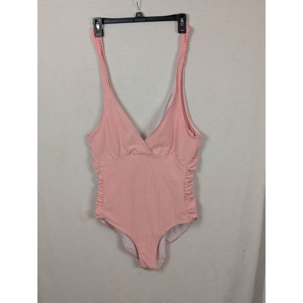Striped Pink One-Piece Swimsuit - V-Neck Women’s Swim